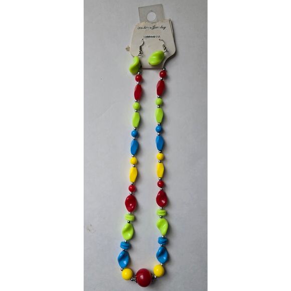 Retro Red, Yellow, Blue, and Yellow Plastic Beaded Necklace and Green Earrings - Picture 1 of 10